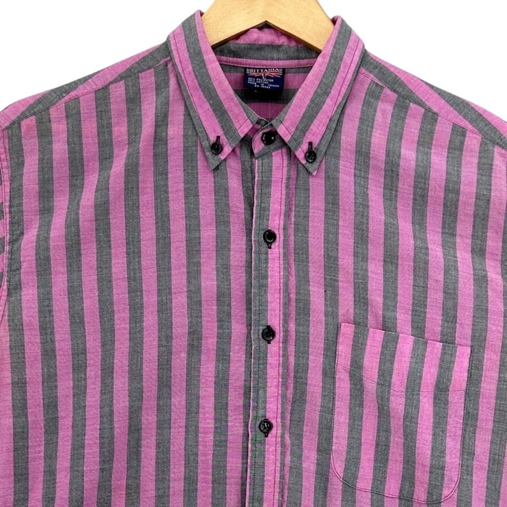 VTG 90s Brittania Pink Grey Striped Short Sleeve Button Down Shirt SZ L Preppy